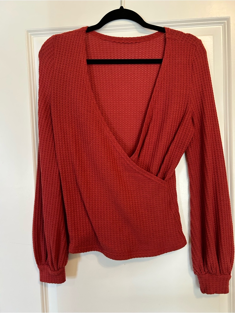 SHEIN Brick Red Waffle Surplice Long-Sleeve Top
